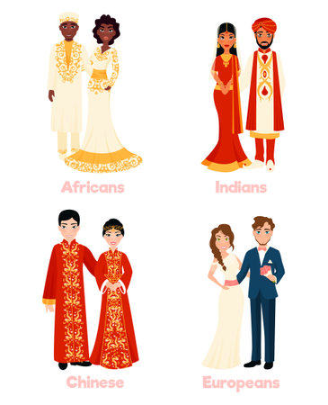 Multicultural wedding couples in national clothing on white background flat isolated vector illustrationのイラスト素材