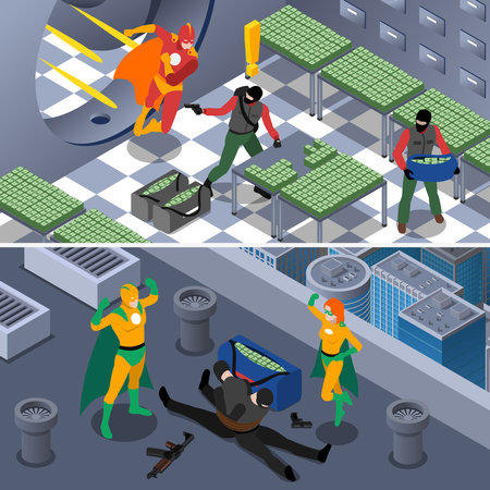 Superhero And Robbery Isometric Concept. Superheroes Horizontal Banners. Superhero Vector Illustration. Superhero And Bank Robbery Set. Superhero Saving Bank Design Symbols. Superhero Elements Collection. Superheroes And Robbery Compositions.のイラスト素材