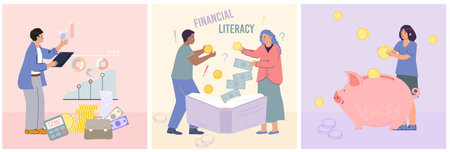 Men and women boosting financial literacy and saving money flat set isolated vector illustrationのイラスト素材