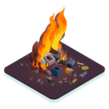 Air pollution isometric concept with burning waste 3d vector illustrationのイラスト素材