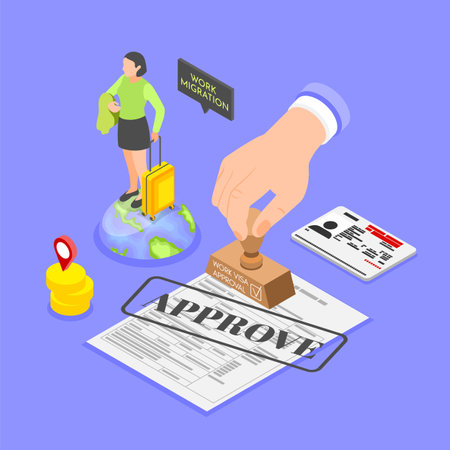 Work migration isometric composition with approved visa and female character with suitcase on color background vector illustrationのイラスト素材