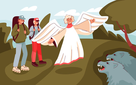 Divine support flat background with angel character saving young tourists from wolfs attack cartoon vector illustrationのイラスト素材
