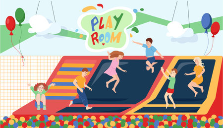 Happy kids jumping on trampoline in play room with colorful balls and balloons flat vector illustrationのイラスト素材