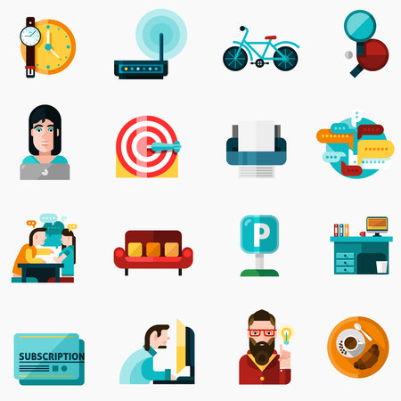 Coworking icons set with time and idea symbols flat isolated vector illustrationのイラスト素材