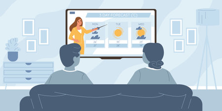 Man and woman watching weather forecast on tv in living room flat vector illustrationのイラスト素材