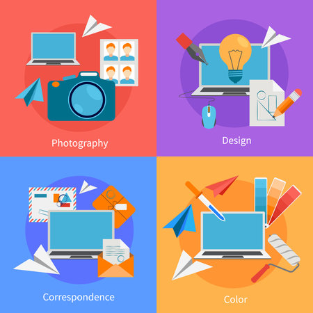 Set of flat square design concept icons for correspondence and  photography services  vector illustrationのイラスト素材