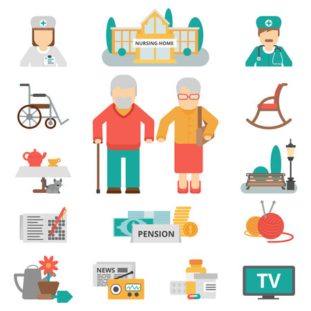 Senior lifestyle flat color icons set with elderly family couple nursing home and items for leisure activities isolated vector illustrationのイラスト素材