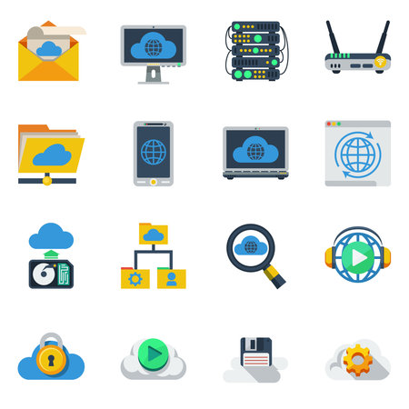 Cloud service flat color icons set of router smartphone laptop hub diskette sim card isolated vector illustrationのイラスト素材