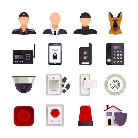 Home security flat decorative icons set with guard dog video camera and digital electronic systems for home protection isolated vector illustrationのイラスト素材