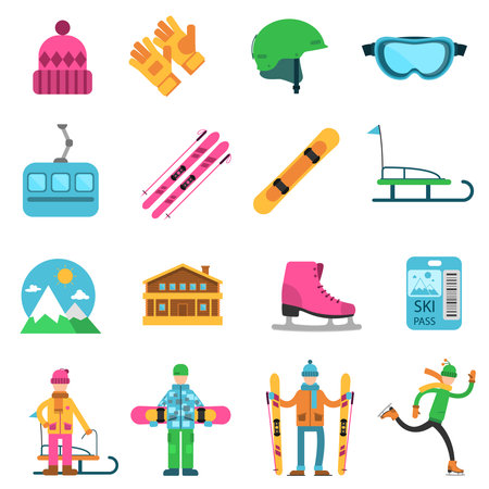Winter sport flat icons set with ski skate and snowboard equipment isolated vector illustrationのイラスト素材