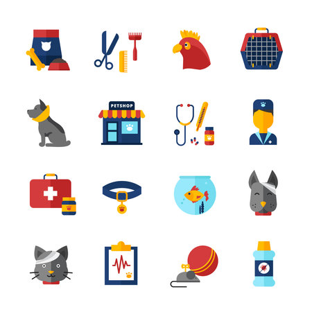 Pet vet decorative icons set with home animals pet shop medical bag collar and animal feed isolated vector illustrationのイラスト素材
