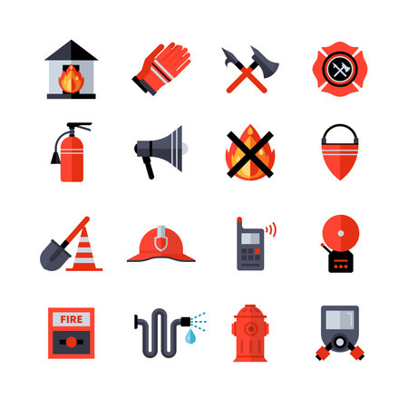Fire department decorative flat icons collection of fireman equipment and tools with hatchet bucketful spade helm extinguisher isolated vector illustrationのイラスト素材