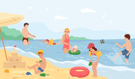 Kids safety in water flat composition with children swimming using inflatable tools under parents supervision vector illustrationのイラスト素材
