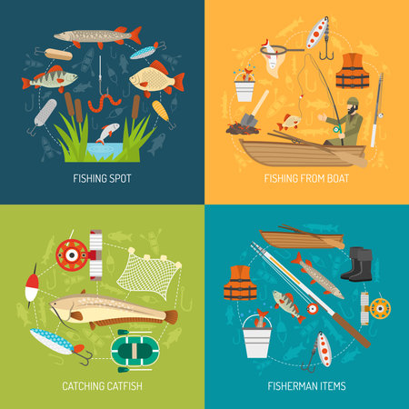 Fishing concept icons set with fishing from boat and catching catfish symbols flat isolated vector illustrationのイラスト素材