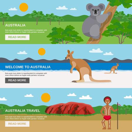Australia travel horizontal banners set with beach desert aborigine and wildlife isolated vector illustrationのイラスト素材