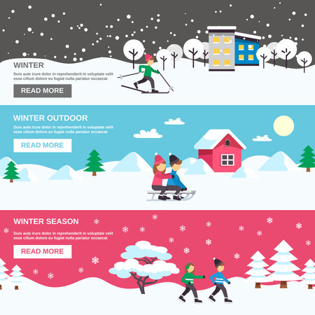 Winter season outdoor activities for children 3 flat interactive banners webpage design abstract isolated vector illustrationのイラスト素材
