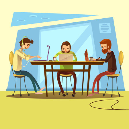 Coworking and business with table and discussion symbols cartoon vector illustrationのイラスト素材