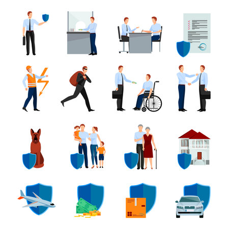 Services of insurance company icons set with policy negotiations security of health and property isolated vector illustrationのイラスト素材