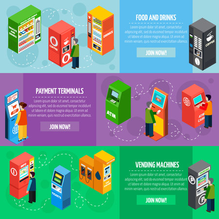 Vending food and drinks dispensers isometric banners set with payment and tickets selling machines isolated vector illustrationのイラスト素材
