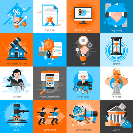 Collection of icons for auction bargaining with hammer antiques real estate and  objects for trading flat isolated vector illustrationのイラスト素材