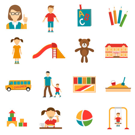 Icons set of different kindergarten objects and characters like toy or teacher flat isolated vector illustrationのイラスト素材