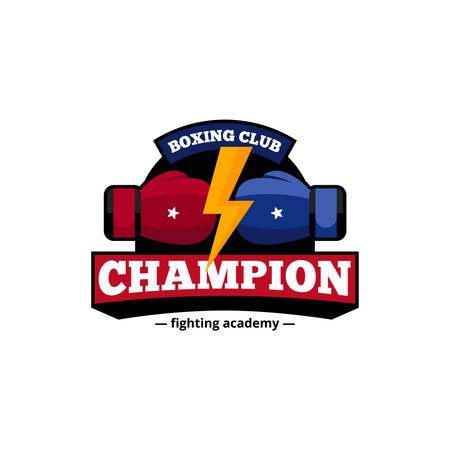 Fighting academy boxing champions club logo design in blue and red with golden lightning flat abstract vector illustrationのイラスト素材