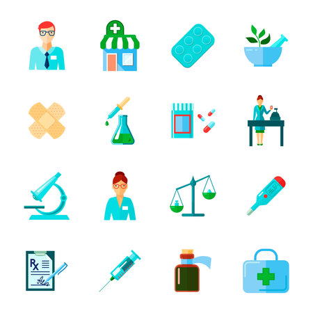 Pharmacist isolated icon flat set with drugs and methods of use of different medical instruments vector illustrationのイラスト素材