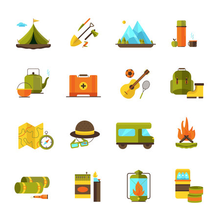 Camping and hiking adventure flat icons set with camper guitar and campfire pictograms abstract isolated vector illustrationのイラスト素材