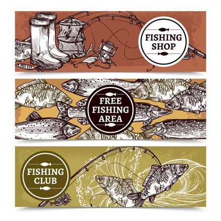 Hand drawn horizontal banners of fishing shop with equipment free fishing area with fishes and club vector illustrationのイラスト素材