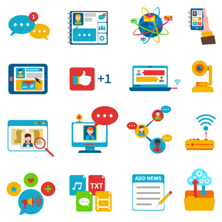 Social network icons set with online communication symbols flat isolated vector illustrationのイラスト素材