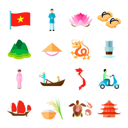 Vietnam Icons Set. Vietnam Travel Vector Illustration. Vietnam  Tourism Flat Symbols. Vietnamese Design Set. Vietnam Isolated Set.のイラスト素材