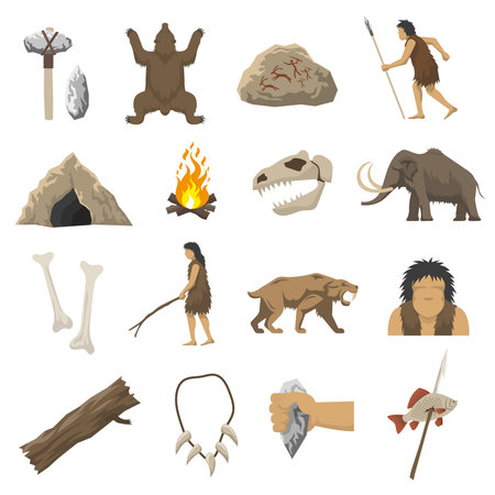 Set color icons with elements of life in stone age caveman cave bonfire mammoth bone isolated vector illustrationのイラスト素材