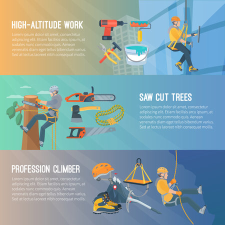 Horizontal flat color banners about high-altitude work saw cut trees profession climber vector illustrationのイラスト素材