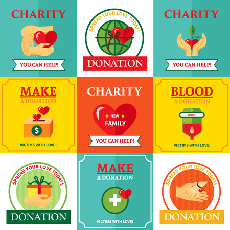 Nonprofit charity helping people organization 9 flat emblems icons square design with heart symbol abstract isolated vector illustrationのイラスト素材