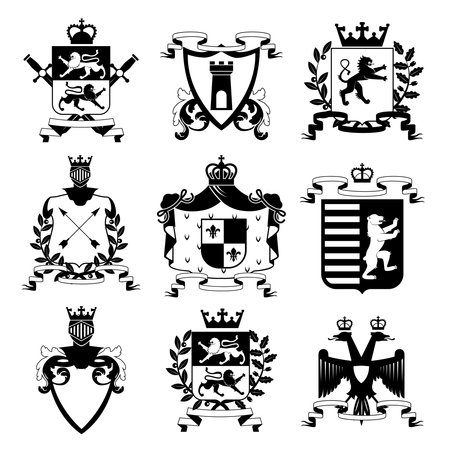Heraldic coat of arms family crest and shields emblems design black icons collection abstract isolated vector illustrationのイラスト素材