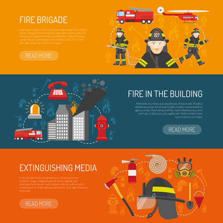 Firefighters 3 flat horizontal banners webpage for information on fire alarm in building abstract isolated vector illustrationのイラスト素材