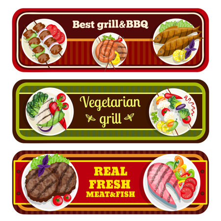 Grill dishes banners barbecue best fresh meat fish vegetarian food vector illustrationのイラスト素材