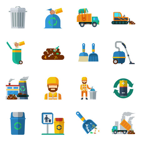 Garbage recycling flat color icons set of dump truck garbage can processing plant isolated vector illustrationのイラスト素材