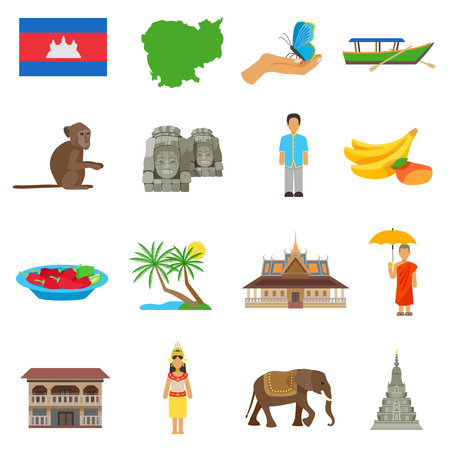 Cambodian culture for tourits flat icons collection with boat temple and exotic animals abstract isolated vector illustrationのイラスト素材