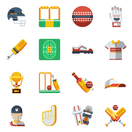 Cricket Icons Set. Cricket Vector Illustration. Cricket Flat Symbols. Cricket Design Set. Cricket Elements Collection.のイラスト素材