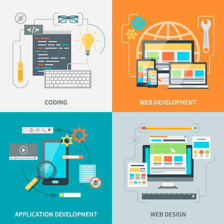 Set of pictures with various stages of website development process vector illustrationのイラスト素材
