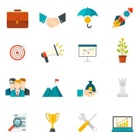 Entrepreneurship flat color icons set with business startup work in team leadership handshake elements isolated vector illustrationのイラスト素材