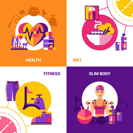 Fitness 2x2 flat design concept set with icons of healthy food wellness diet fitness equipment and exercises for slim body vector illustrationのイラスト素材