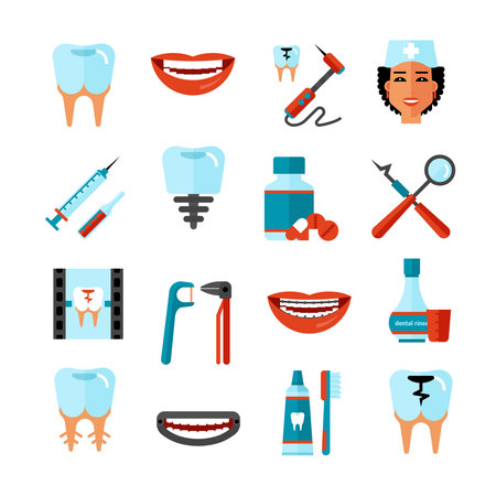 Dental care flat decorative icons set with stomatologist tools teeth care products and white smile symbols isolated vector illustrationのイラスト素材