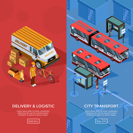 Two vertical isometric transport banners set of city transport and logistic compositions with passengers waiting at bus stop delivery automobile courier and scooter vector illustrationのイラスト素材