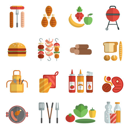 Bbq party flat icons set with frill meat picnic elements isolated vector illustrationのイラスト素材