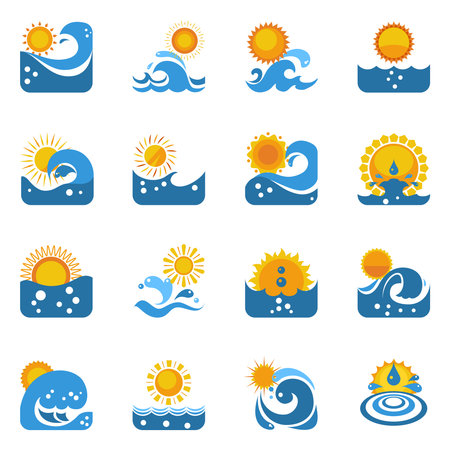Blue swirling waves flat icons set with yellow sun disk and rays  isolated vector illustrationのイラスト素材