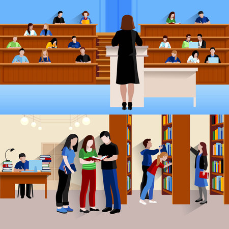 Two horizontal banners with students at university listening lecturer and preparing for exams isolated vector illustrationのイラスト素材