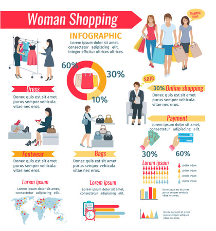 Infographic about different features woman shopping dress footwear bags vector illustrationのイラスト素材