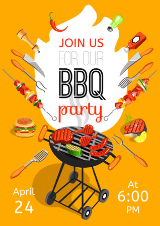 BBQ season opening party announcement flat poster with barbecue accessories event date and time abstract vector illustrationのイラスト素材